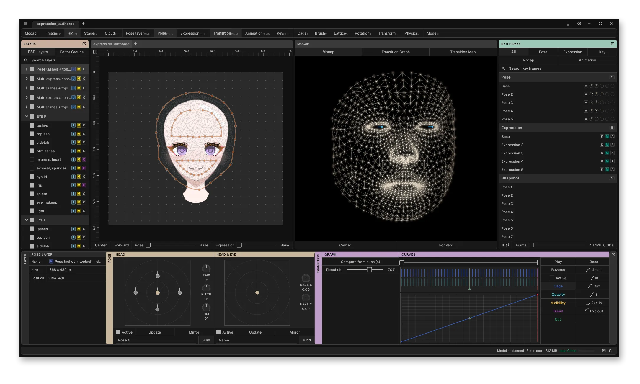 CoyKoi Studio: a character's layers and cage on the left, the tracked face in the middle, keyframes on the right, and the pose and transition editors along the bottom.